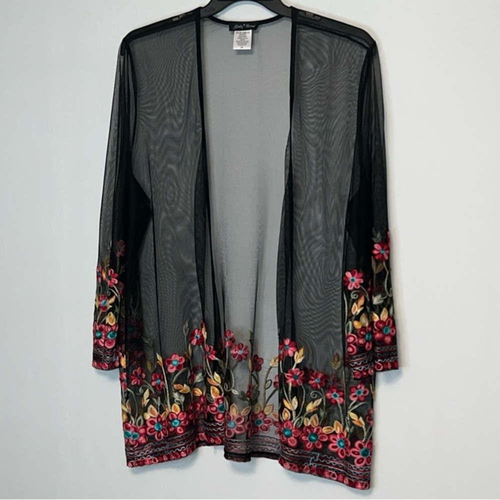Slinky Brand Sheer Cardigan Size 2X Floral Embroidered Fairy Cottagecore Coverup